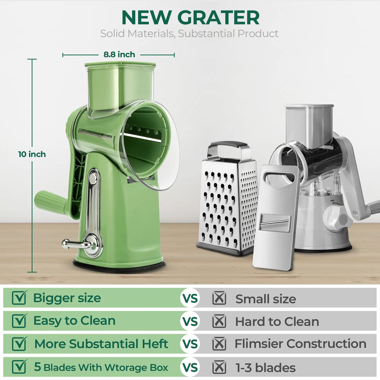 Rotary Cheese Grater with Handle, 5 Well-Designed Blades, Strong Suction Cup Base, Kitchen Utensils Vegetable Slicer Dicer Fruit Vegetable Slicer Gadgets Kitchen