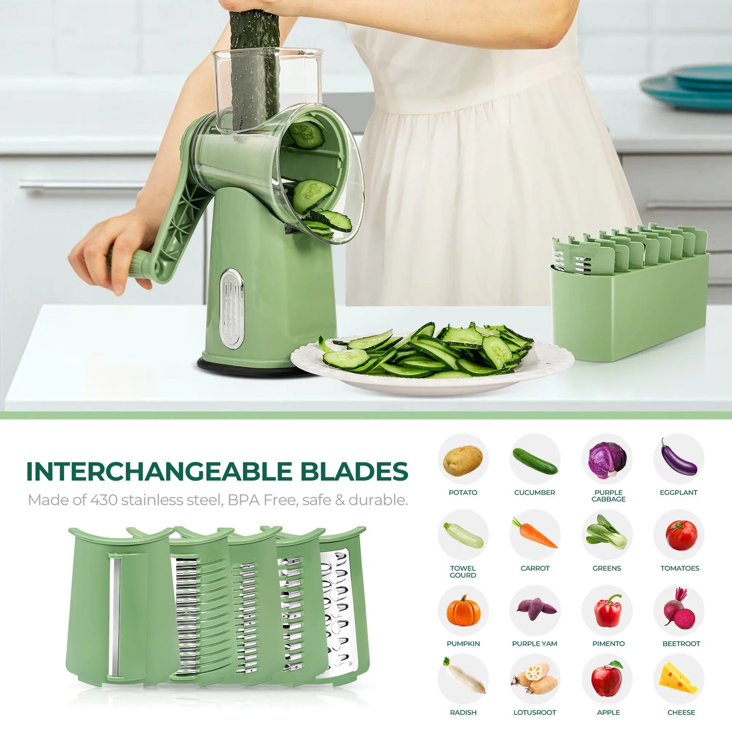 Rotary Cheese Grater with Handle, 5 Well-Designed Blades, Strong Suction Cup Base, Kitchen Utensils Vegetable Slicer Dicer Fruit Vegetable Slicer Gadgets Kitchen