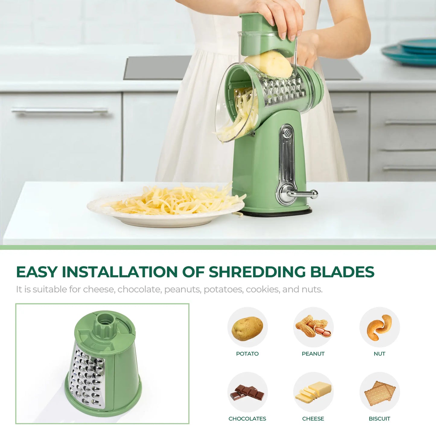 Rotary Cheese Grater with Handle, 5 Well-Designed Blades, Strong Suction Cup Base, Kitchen Utensils Vegetable Slicer Dicer Fruit Vegetable Slicer Gadgets Kitchen