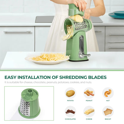 Rotary Cheese Grater with Handle, 5 Well-Designed Blades, Strong Suction Cup Base, Kitchen Utensils Vegetable Slicer Dicer Fruit Vegetable Slicer Gadgets Kitchen