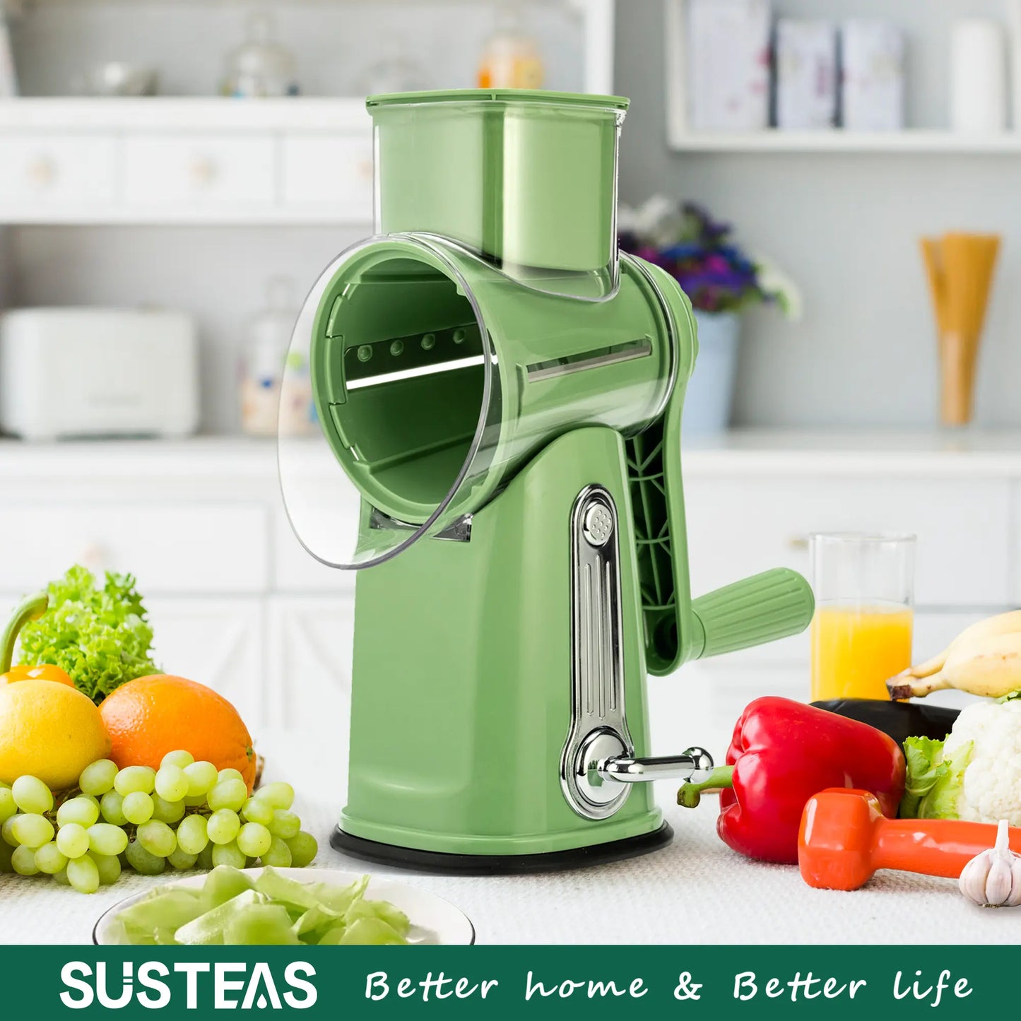 Rotary Cheese Grater with Handle, 5 Well-Designed Blades, Strong Suction Cup Base, Kitchen Utensils Vegetable Slicer Dicer Fruit Vegetable Slicer Gadgets Kitchen