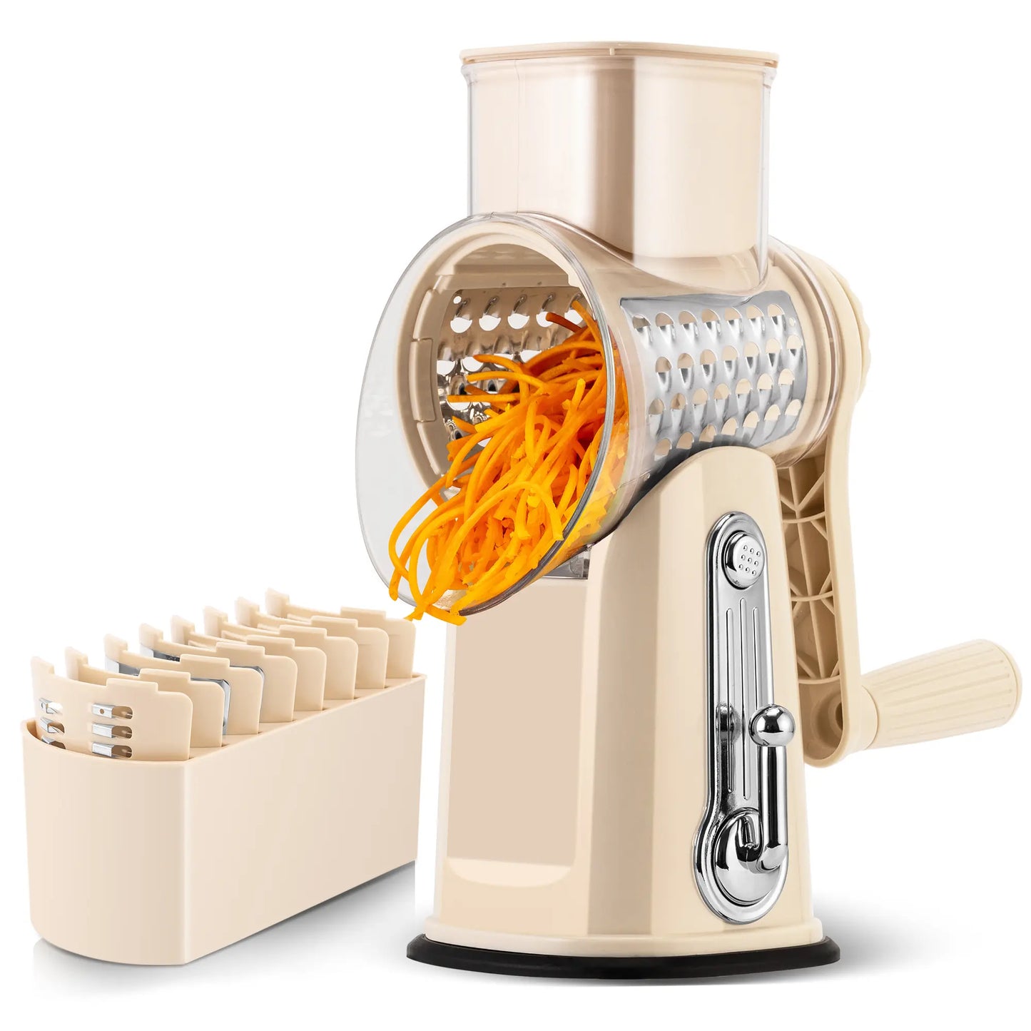 Rotary Cheese Grater with Handle, 5 Well-Designed Blades, Strong Suction Cup Base, Kitchen Utensils Vegetable Slicer Dicer Fruit Vegetable Slicer Gadgets Kitchen
